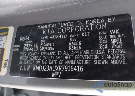 2024 Kia Soul Lx z USA, uszkodzony, nr VIN KNDJ23AUXR7916416